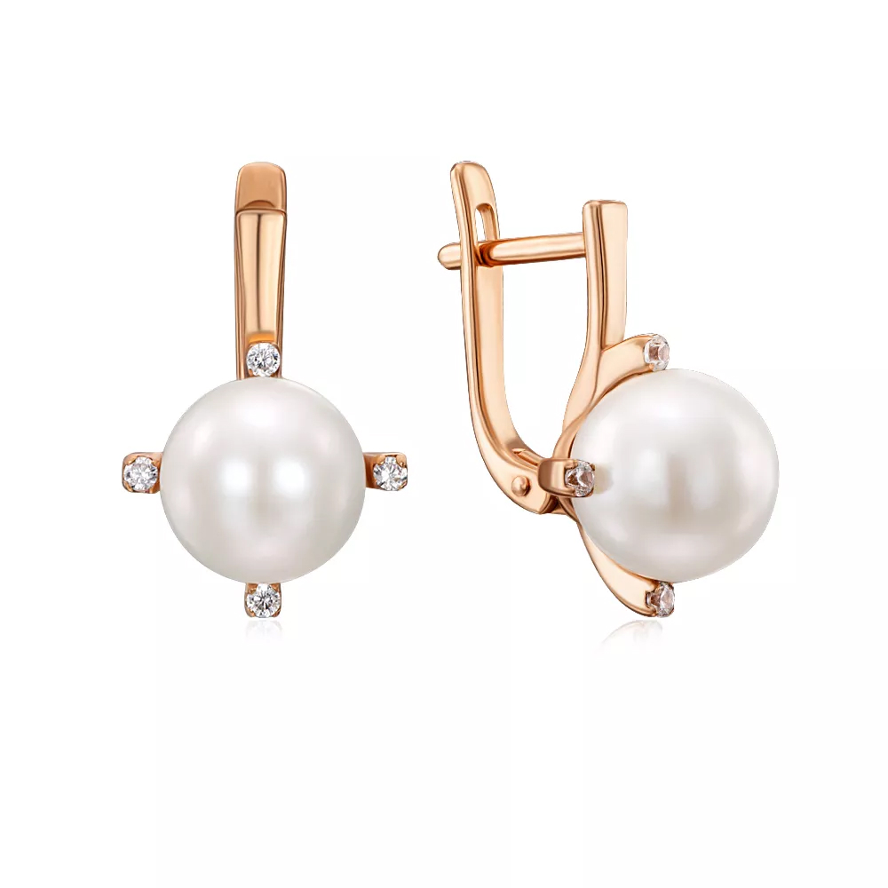 Gold earrings with pearls and cubic zirconia