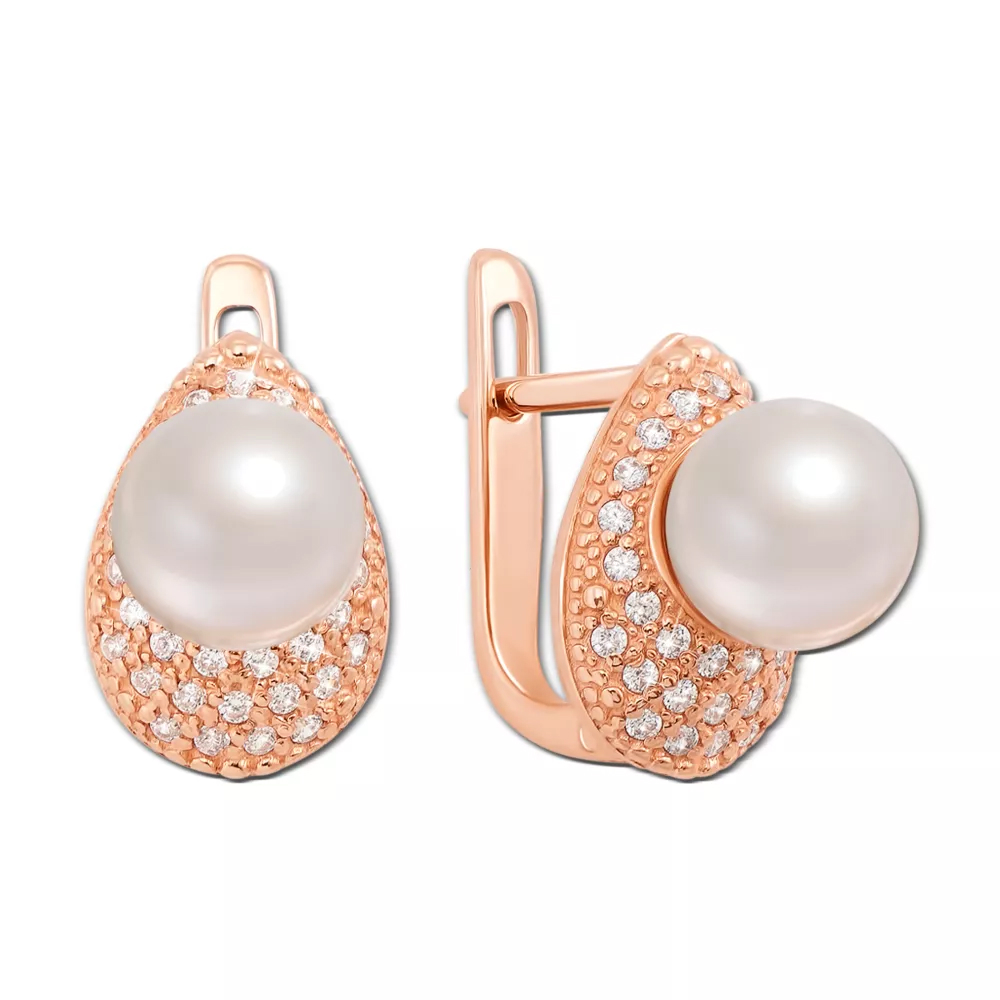 Gold earrings with pearls and cubic zirconia