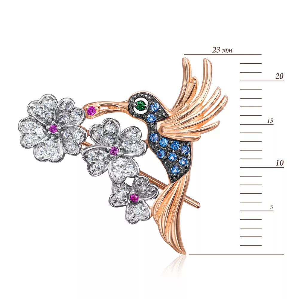 Gold brooch "Hummingbird" with cubic zirconia