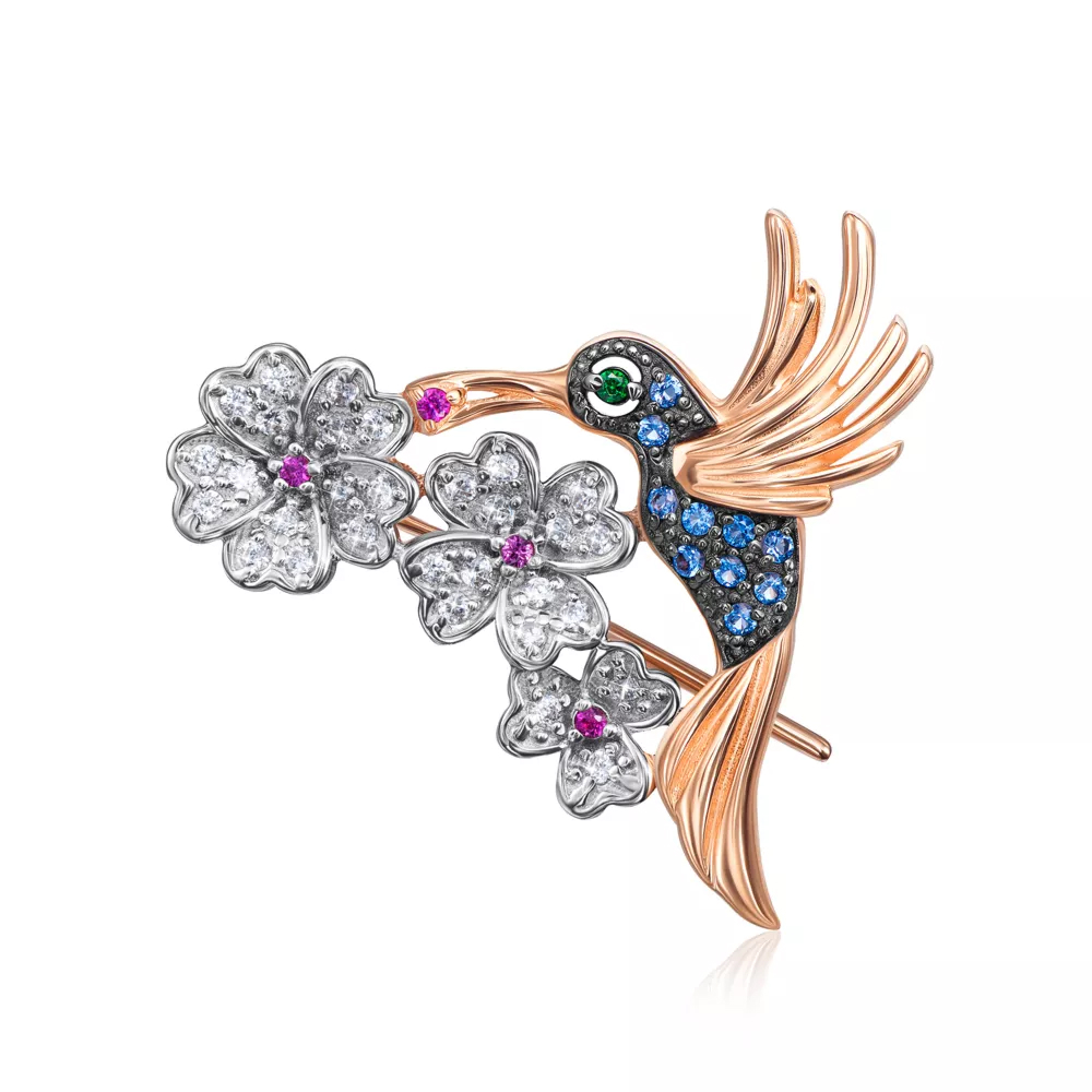 Gold brooch "Hummingbird" with cubic zirconia