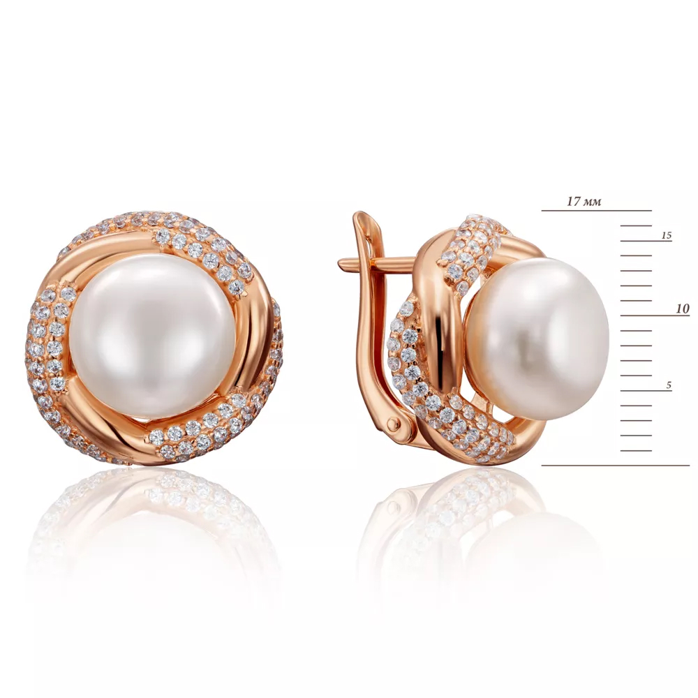 Gold earrings with pearls and cubic zirconia