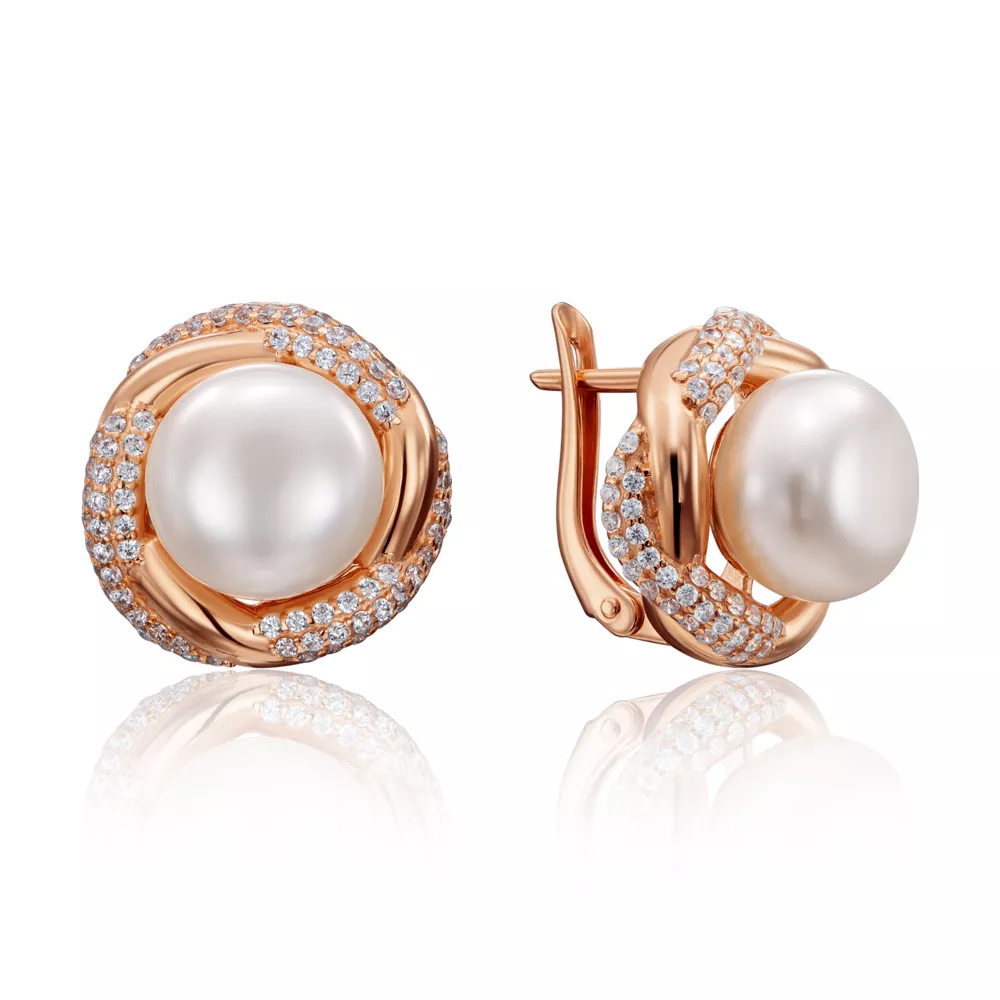 Gold earrings with pearls and cubic zirconia