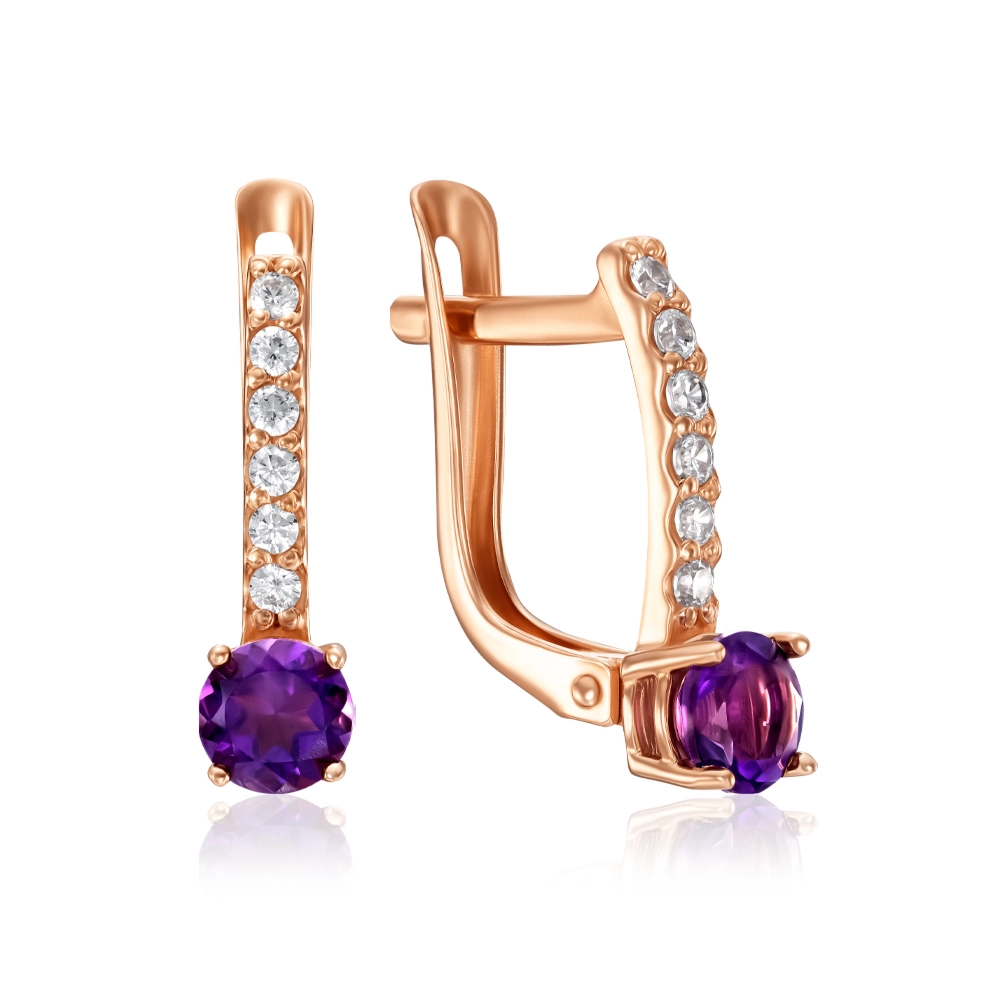 Gold earrings with amethyst and cubic zirconia