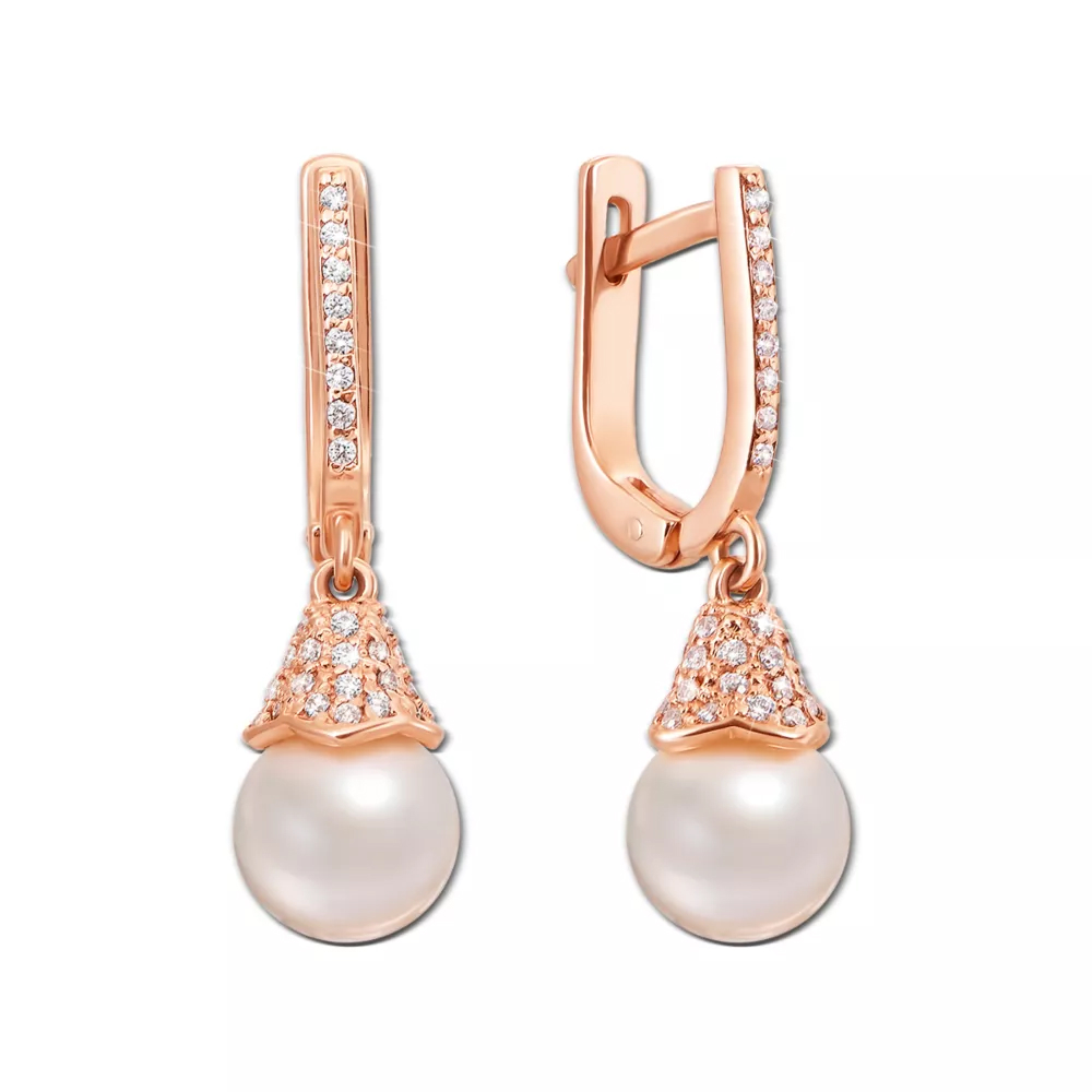 Golden earrings-pendants with pearls and cubic zirconia