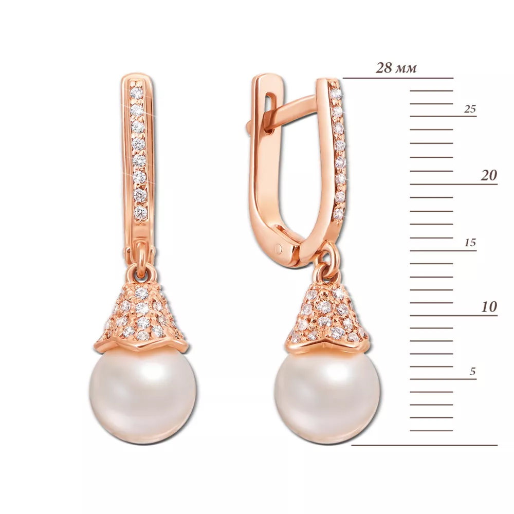 Golden earrings-pendants with pearls and cubic zirconia