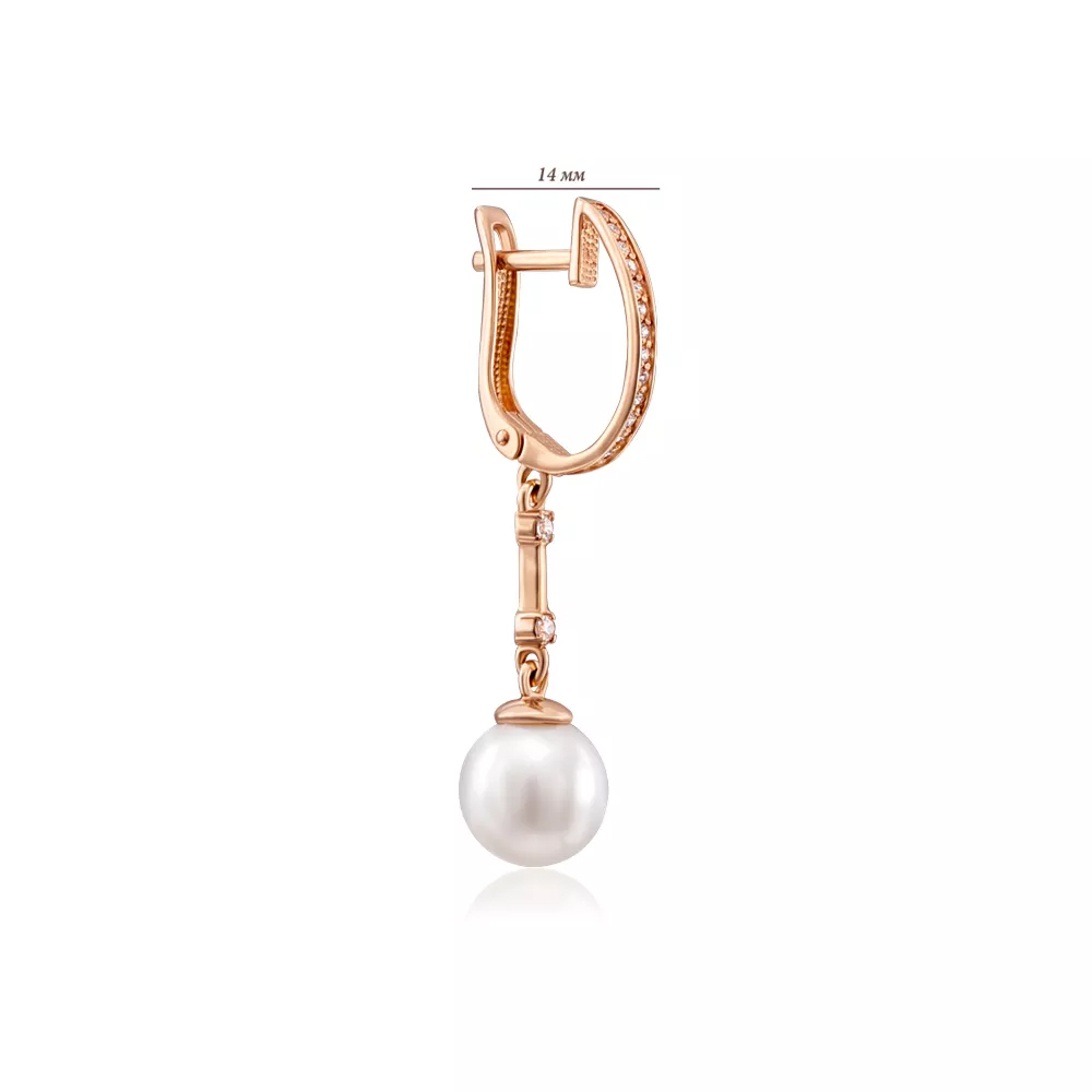 Golden earrings-pendants with pearls and cubic zirconia