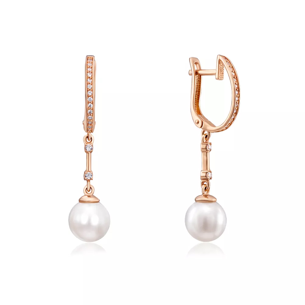 Golden earrings-pendants with pearls and cubic zirconia