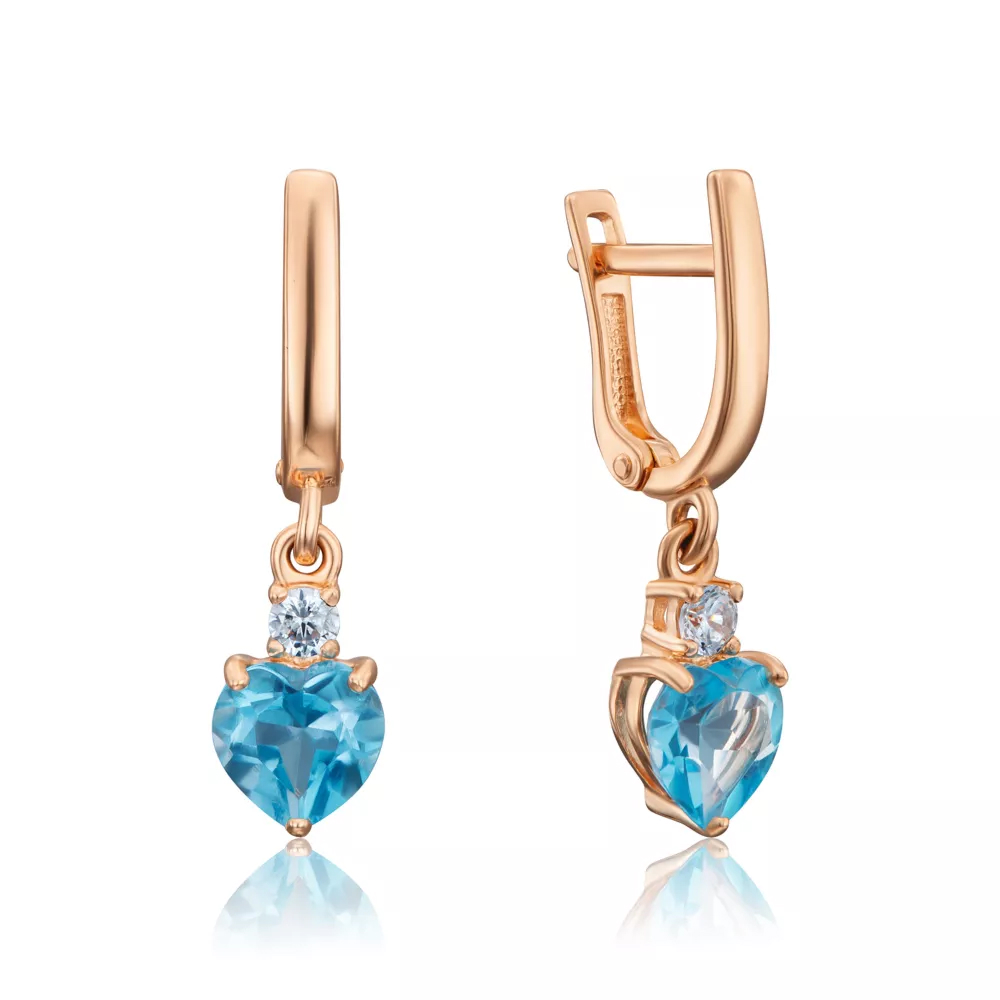 Gold pendant earrings "Heart" with topaz and cubic zirconia