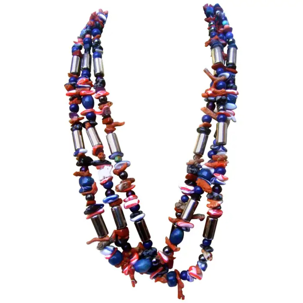 Exotic Artisan Coral & Lapis Semi Precious Statement Necklace