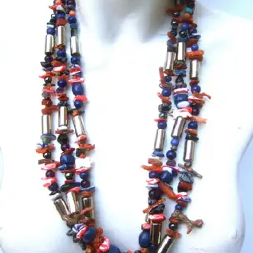 Exotic Artisan Coral & Lapis Semi Precious Statement Necklace