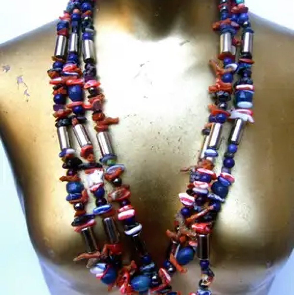 Exotic Artisan Coral & Lapis Semi Precious Statement Necklace