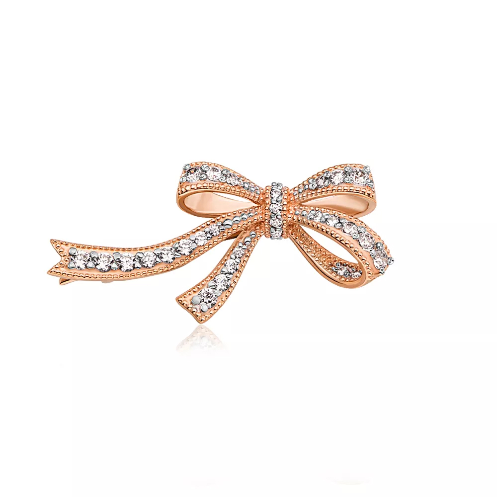 Gold brooch Bow with rhinestones