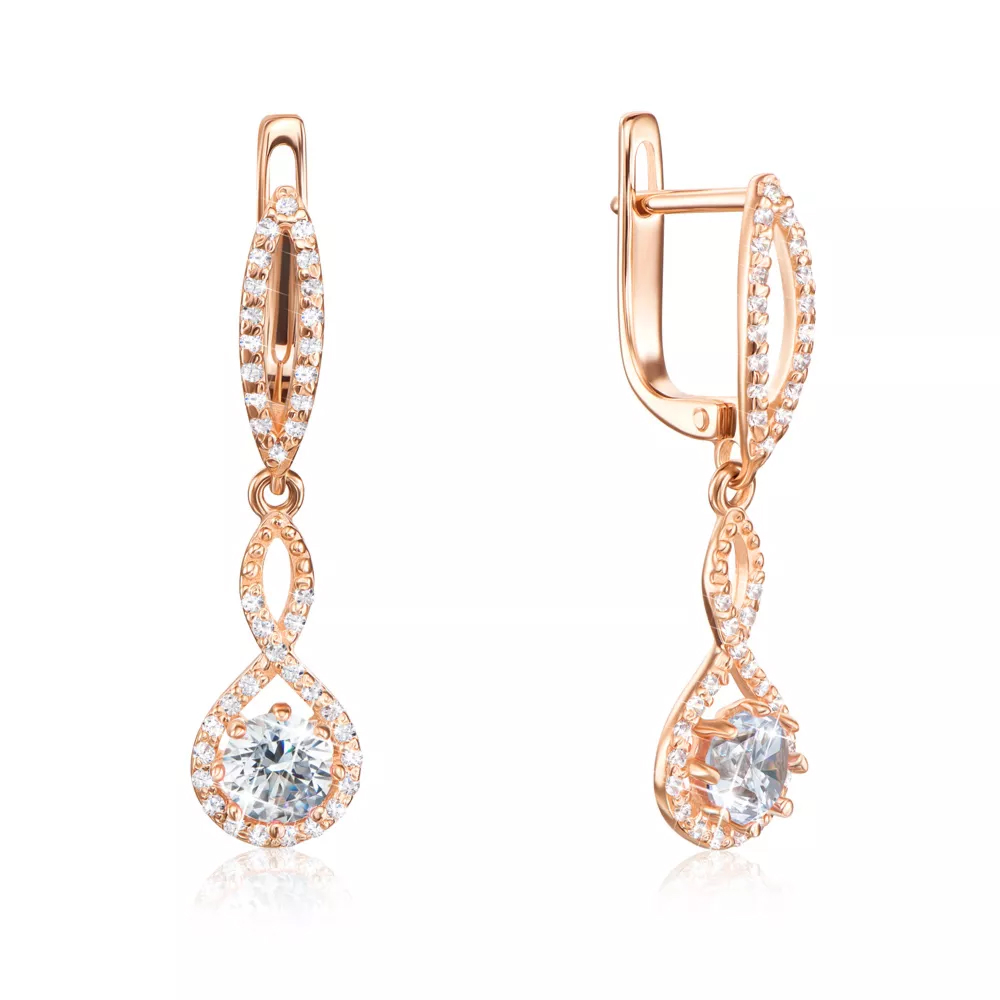 Gold pendant earrings with cubic zirconia