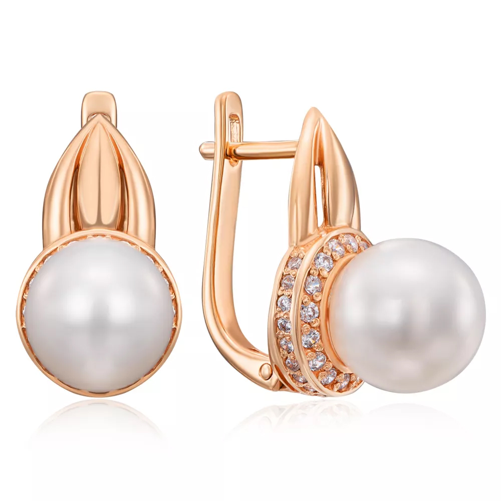 Gold earrings with pearls and cubic zirconia