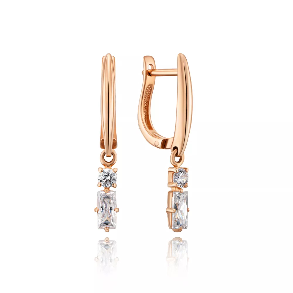 Gold pendant earrings with cubic zirconia