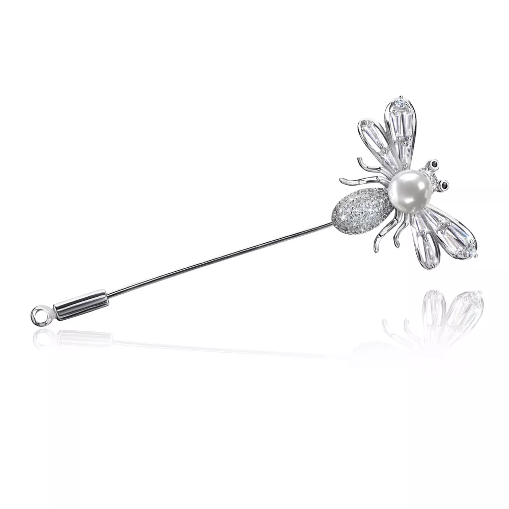 Silver needle brooch "Fly" with a pearl