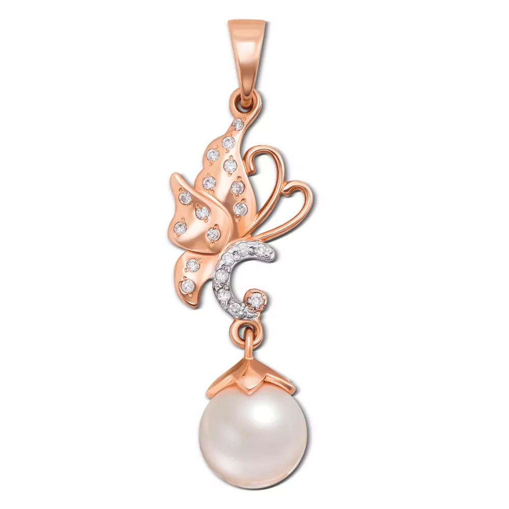 Gold pendant with a pearl and cubic zirconia