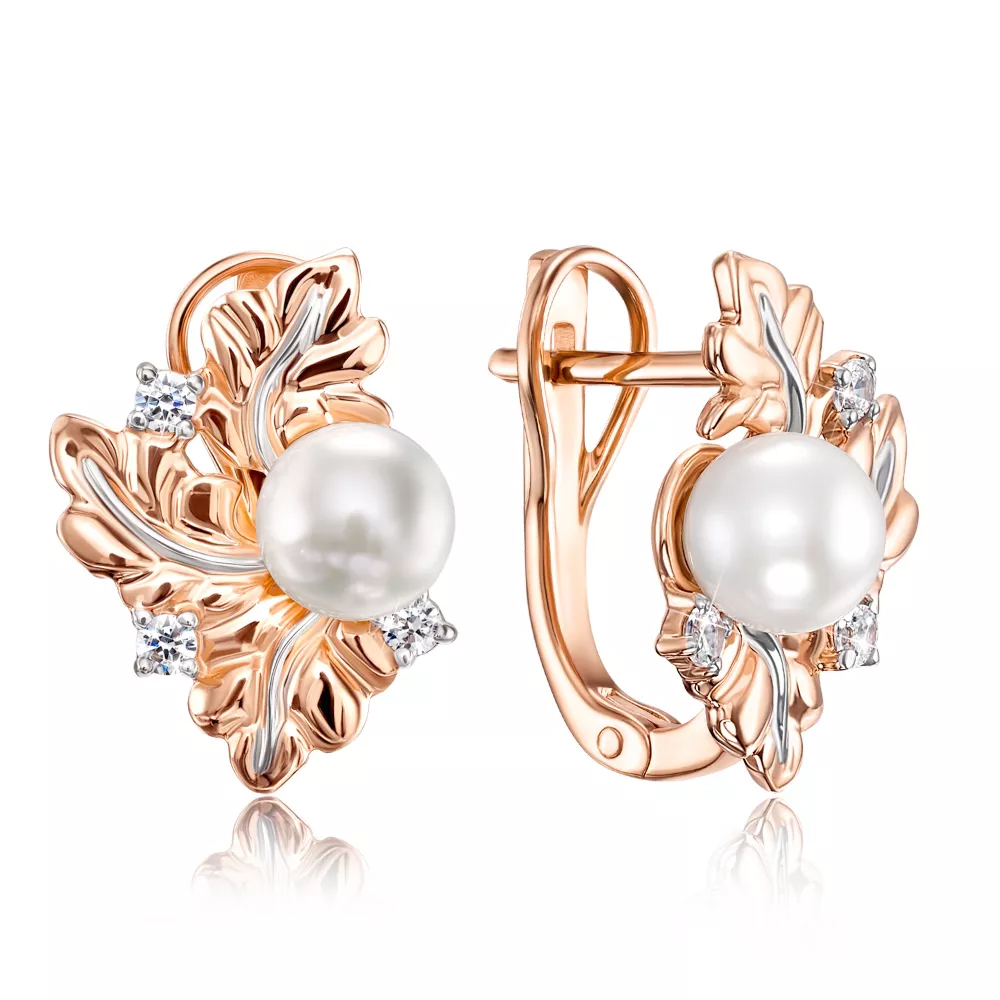 Gold earrings with pearls and cubic zirconia