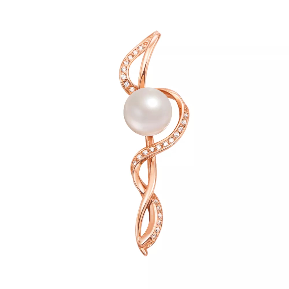 Gold brooch with pearls and cubic zirconia