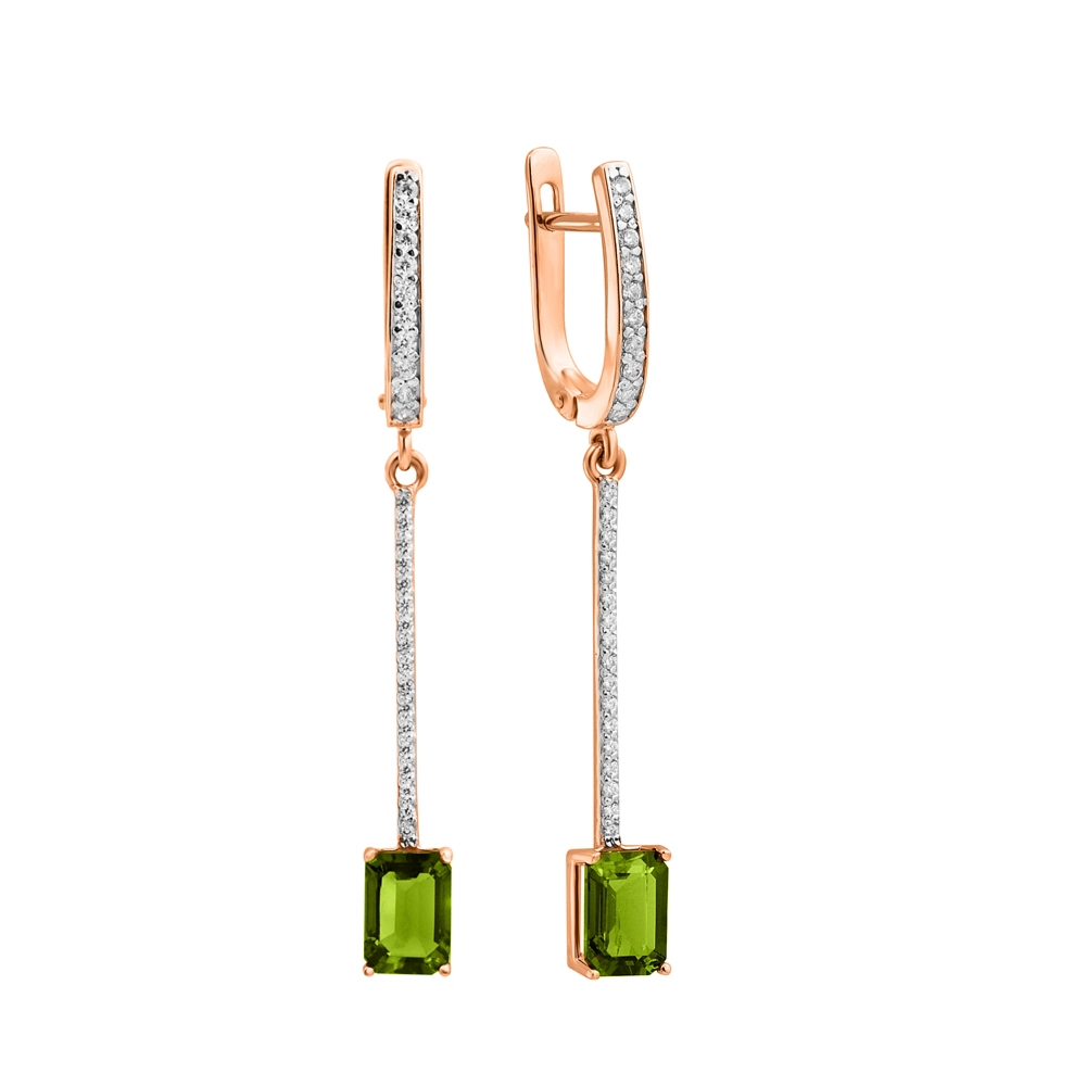 Gold pendant earrings with tourmaline and cubic zirconia