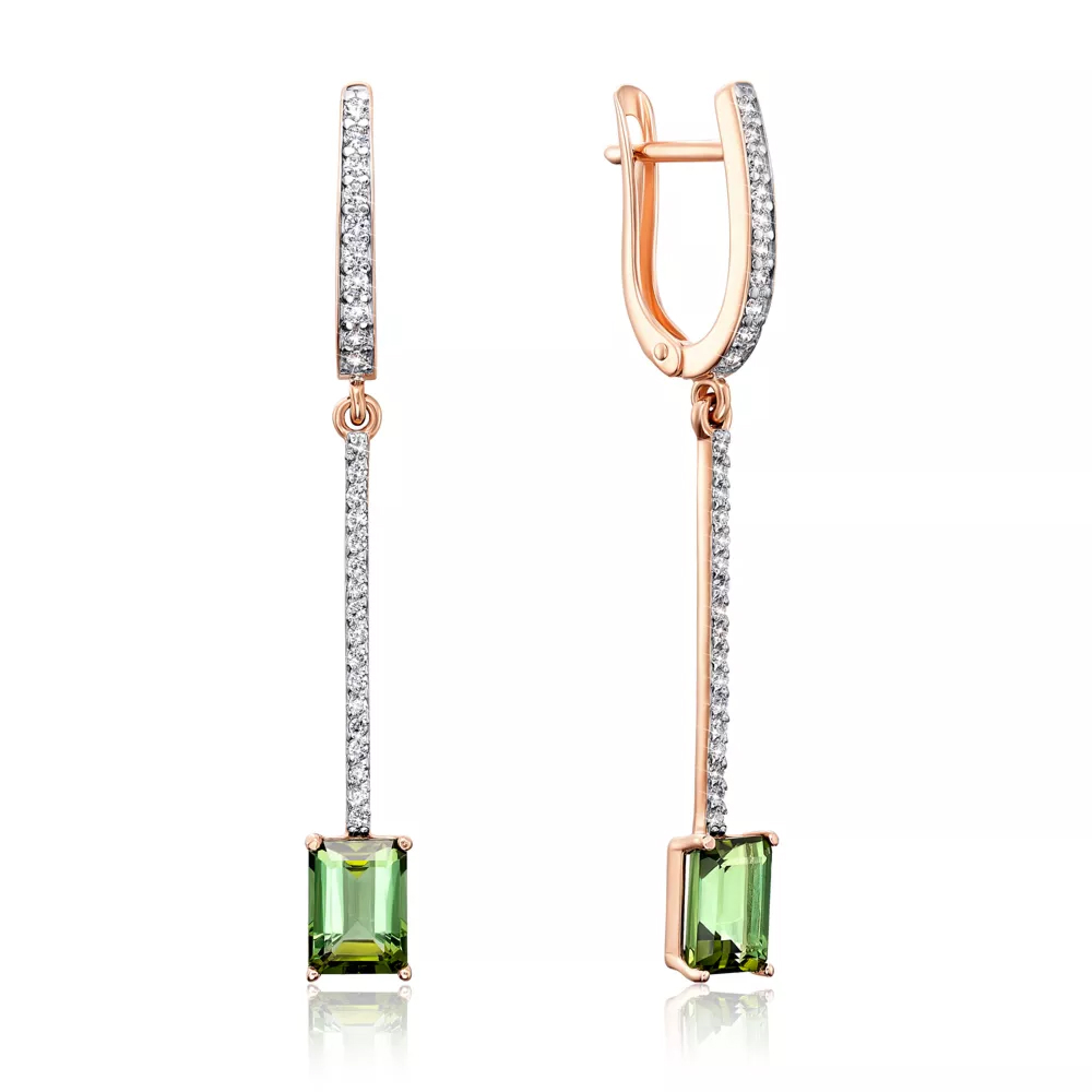 Gold pendant earrings with tourmaline and cubic zirconia