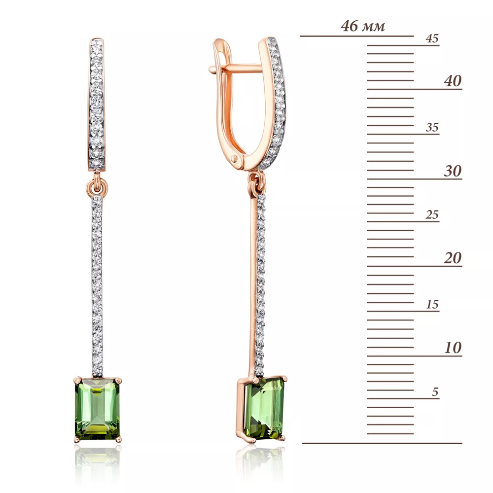 Gold pendant earrings with tourmaline and cubic zirconia