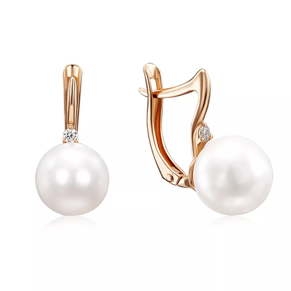 Gold earrings with pearls and cubic zirconia