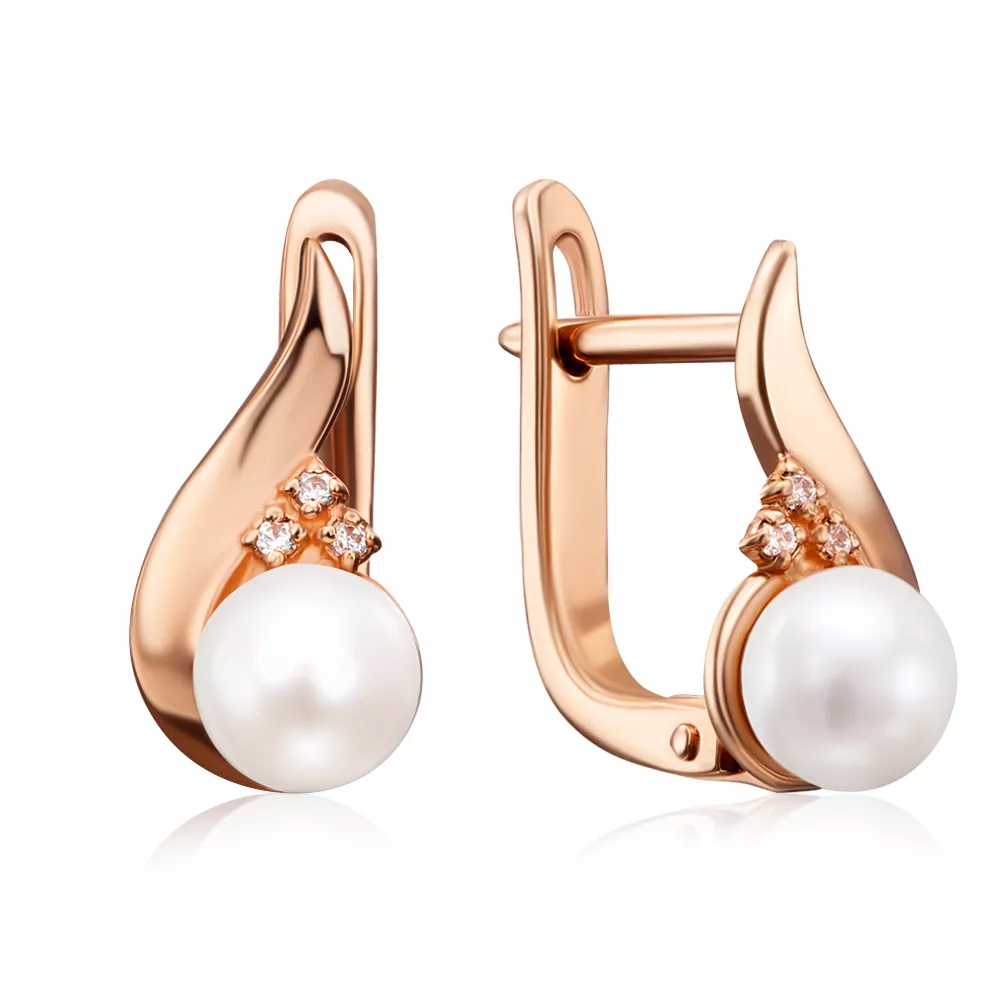 Gold earrings with pearls and cubic zirconia