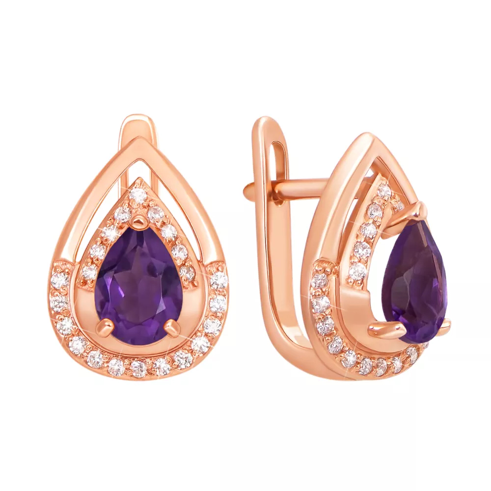 Gold earrings with amethyst and cubic zirconia