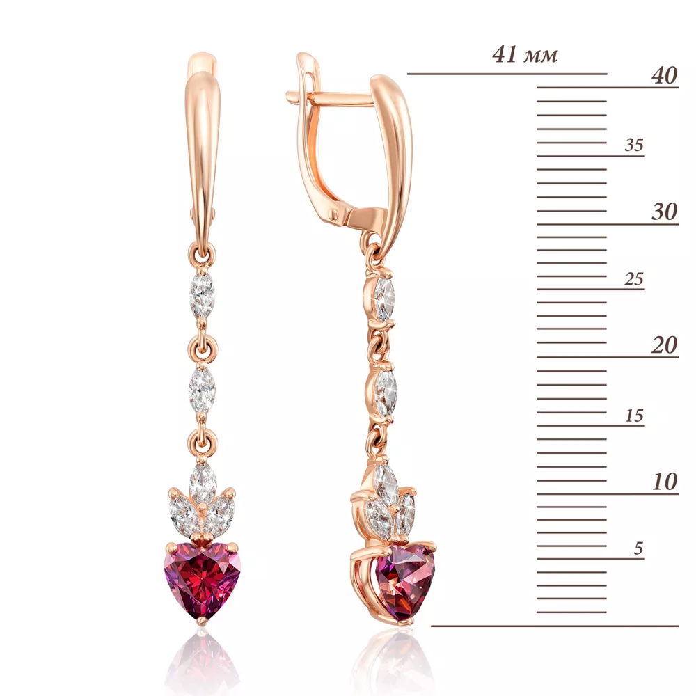 Gold pendant earrings "Heart" with cubic zirconia