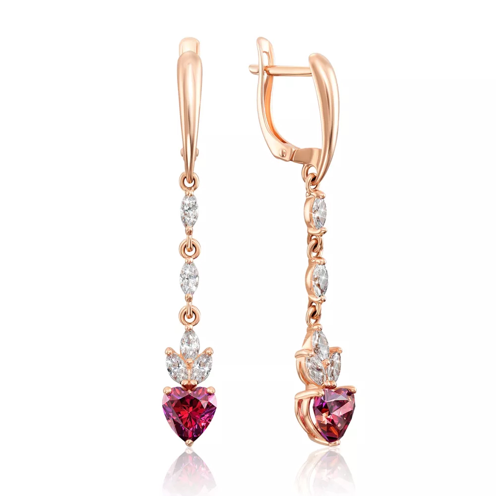 Gold pendant earrings "Heart" with cubic zirconia