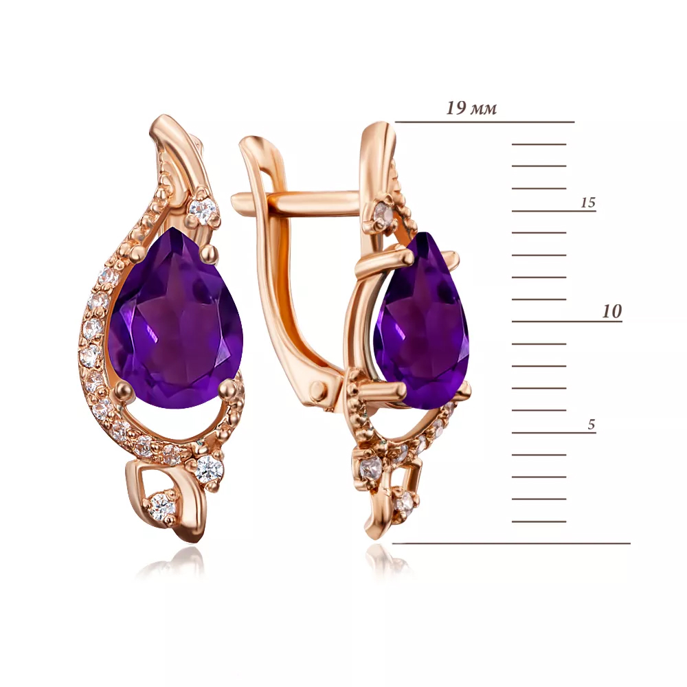 Gold earrings with amethyst and cubic zirconia