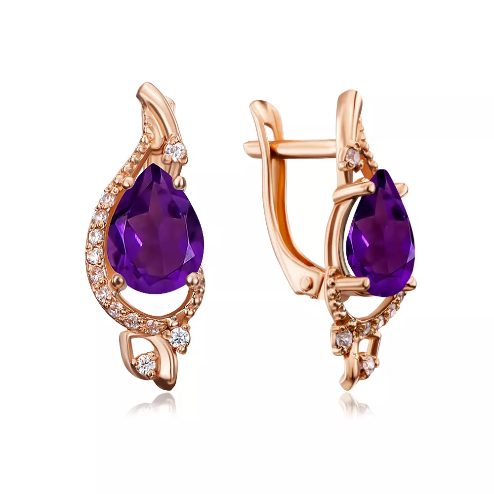 Gold earrings with amethyst and cubic zirconia