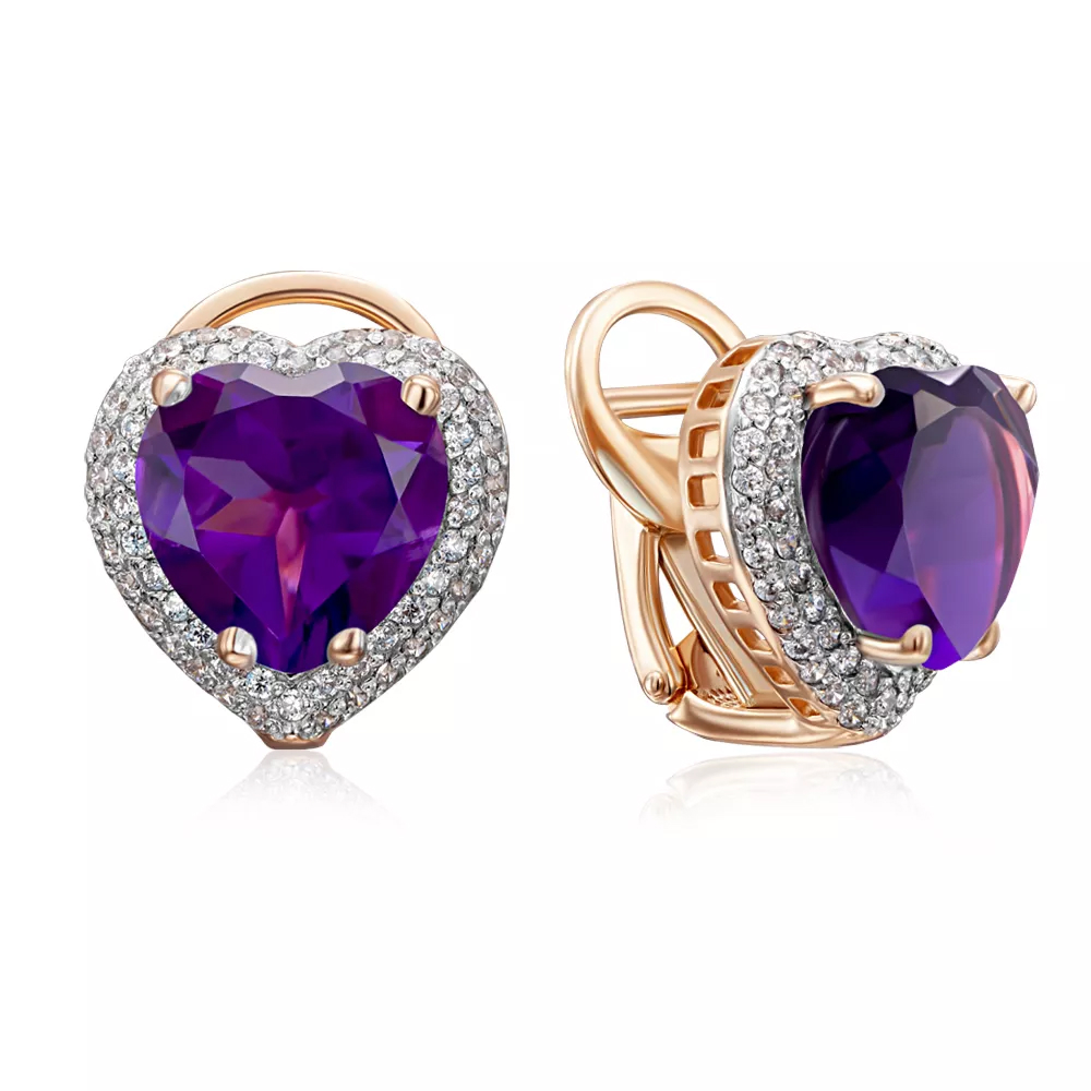 Gold earrings with amethyst and cubic zirconia