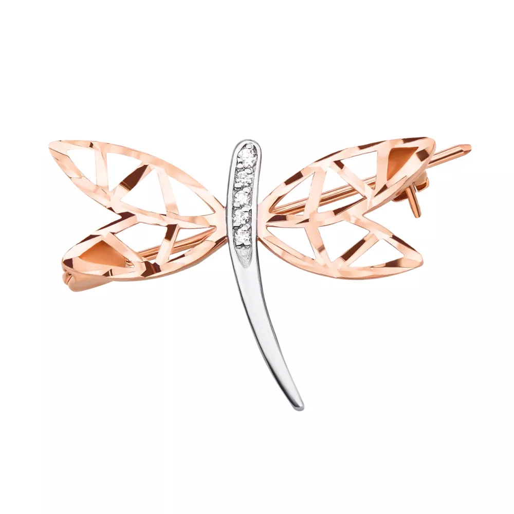 Gold brooch "Dragonfly" with cubic zirconia