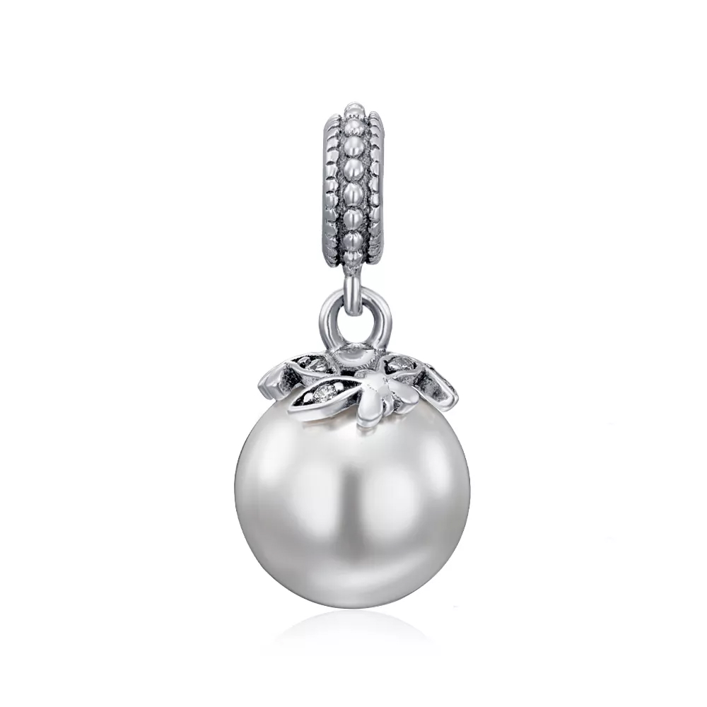 Silver bead-charm with cubic zirconia and pearl