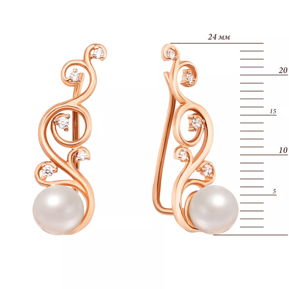 Gold coffee earrings with pearls and cubic zirconia