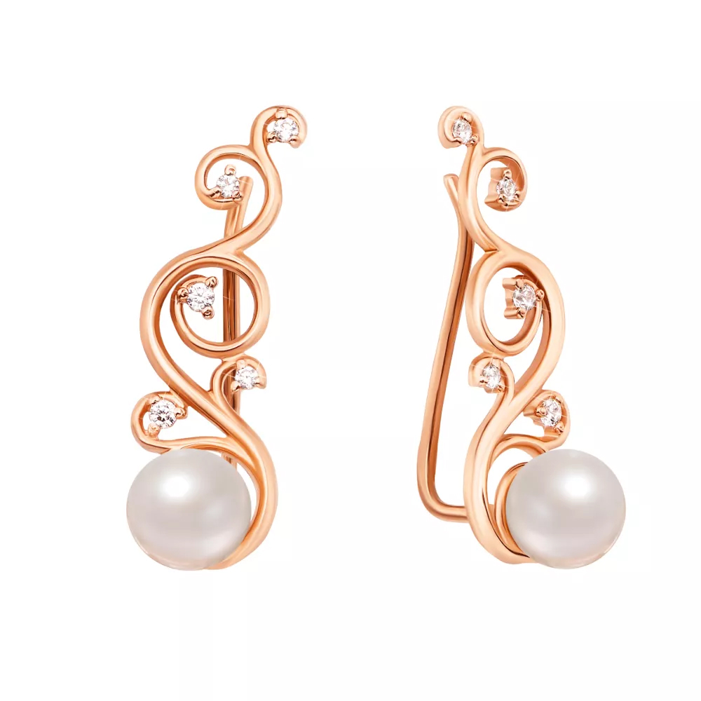 Gold coffee earrings with pearls and cubic zirconia