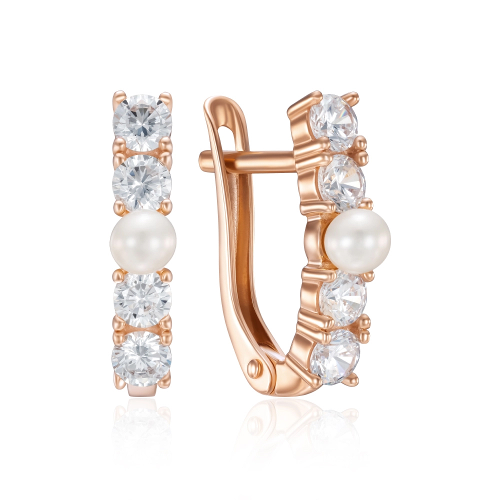 Gold earrings with pearls and cubic zirconia