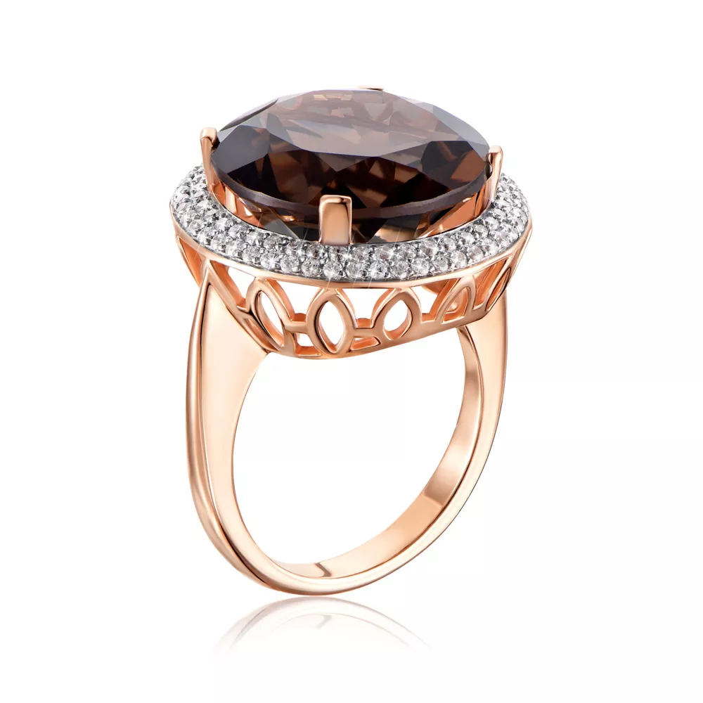 Gold ring with rauchtopaz and cubic zirconia