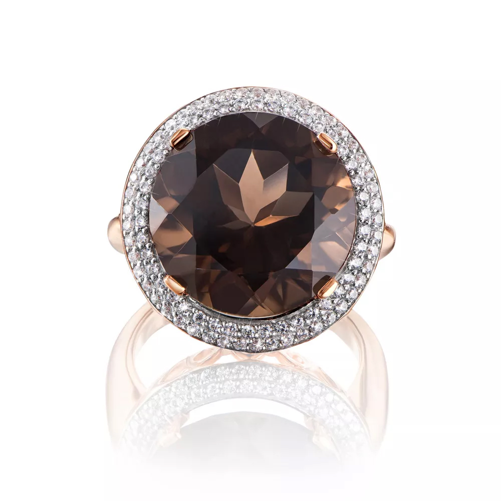 Gold ring with rauchtopaz and cubic zirconia