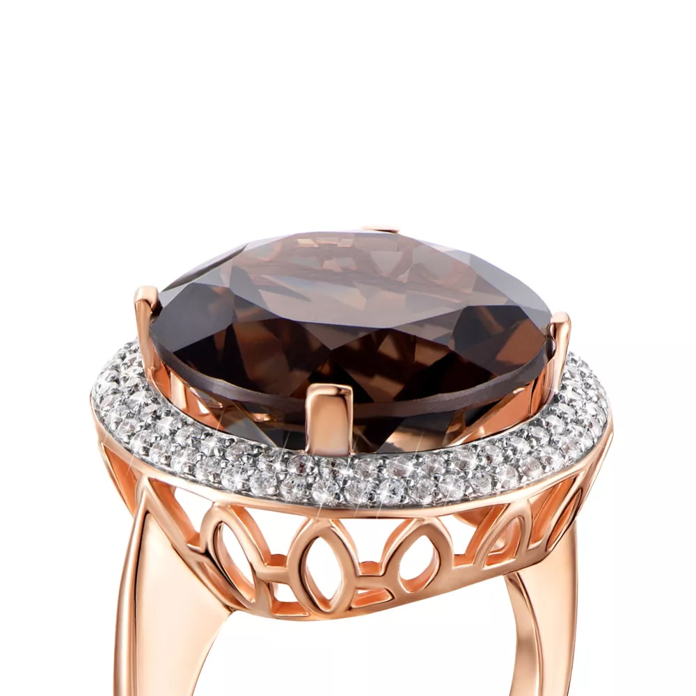 Gold ring with rauchtopaz and cubic zirconia