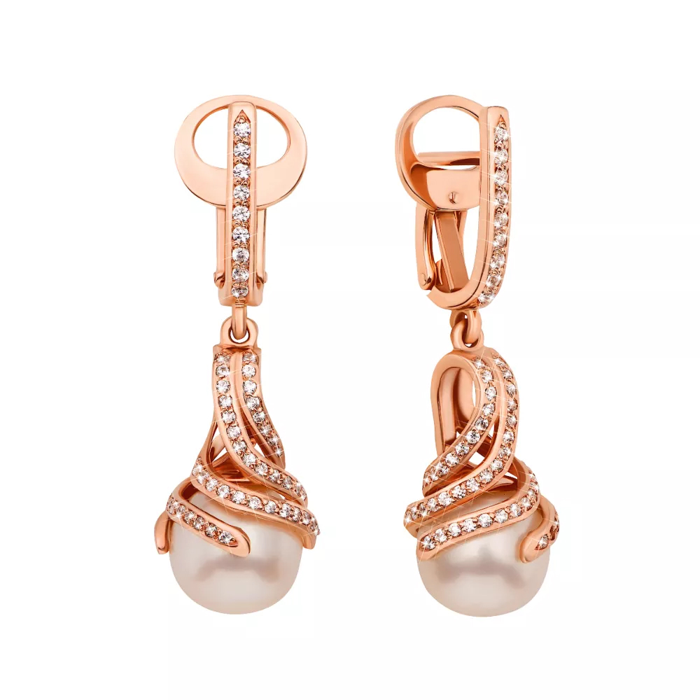 Gold pendant earrings with pearls and cubic zirconia